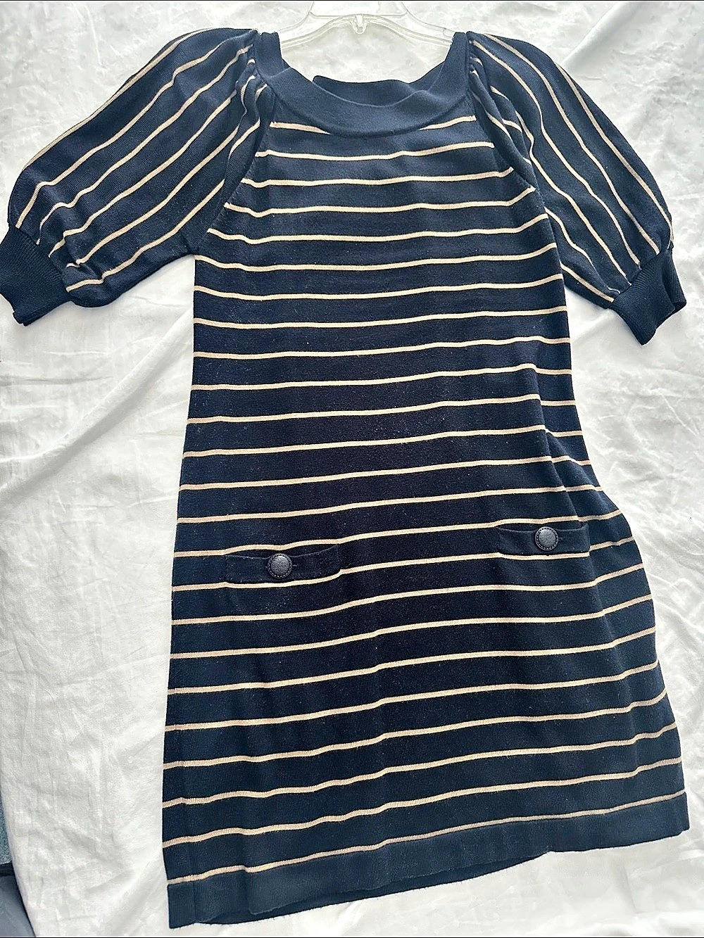 Jessica Howard Striped Puff Sleeve Mini Dress in Blue & Gold Size Medium Like